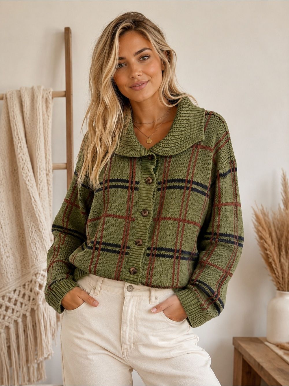 Anthropologie Callahan Olive Plaid Button-Front Cardigan